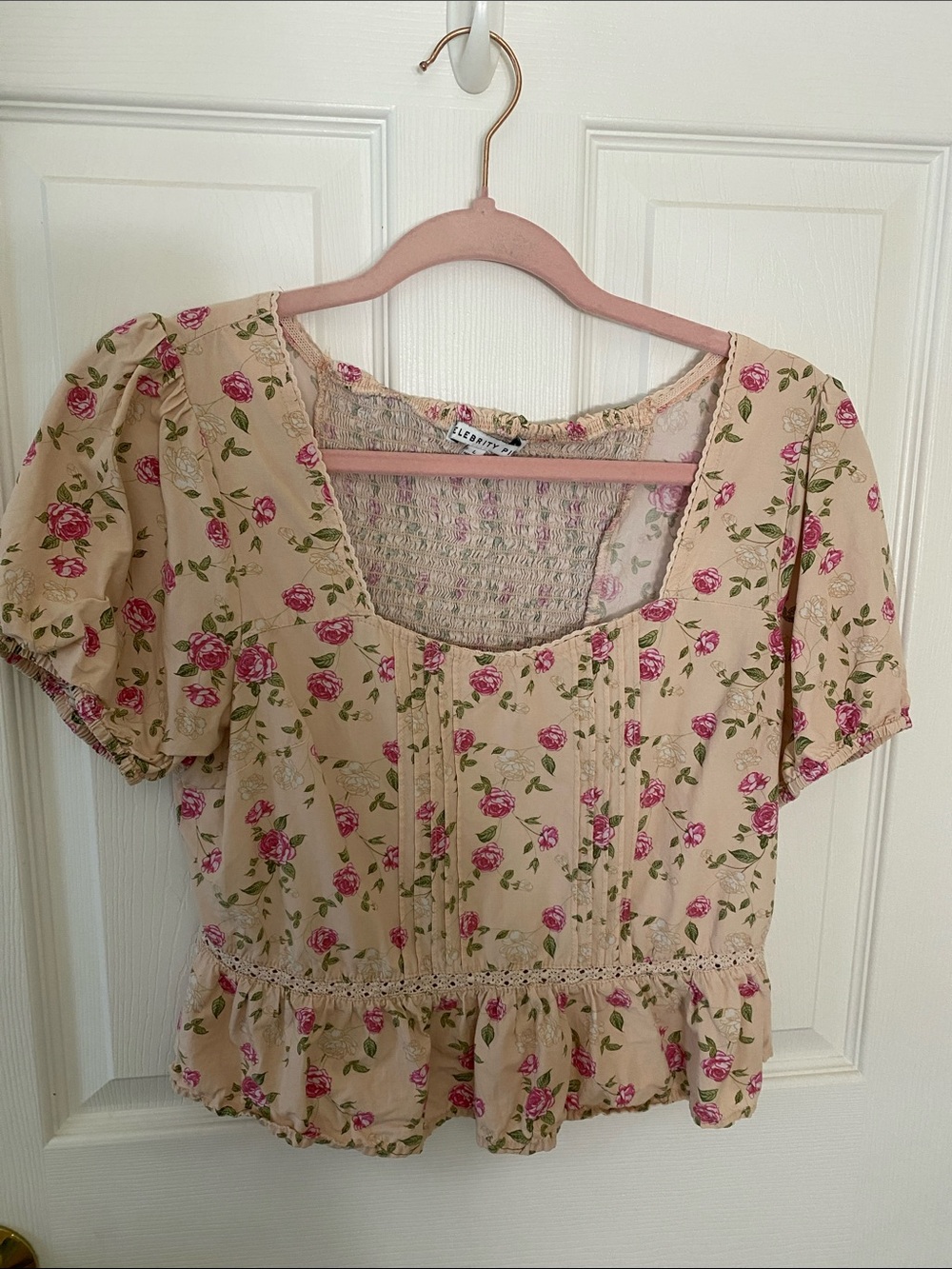 CELEBRITY PINK Squarw-Neck Floral Peplum Blouse - Beige with Pink Roses large